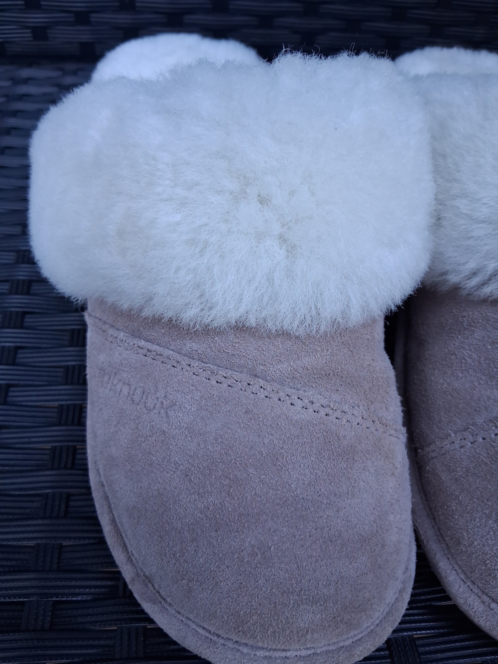 Nuknuuk Joy Genuine Sheepskin Suede Slippers - Taupe / Grey, Size 8